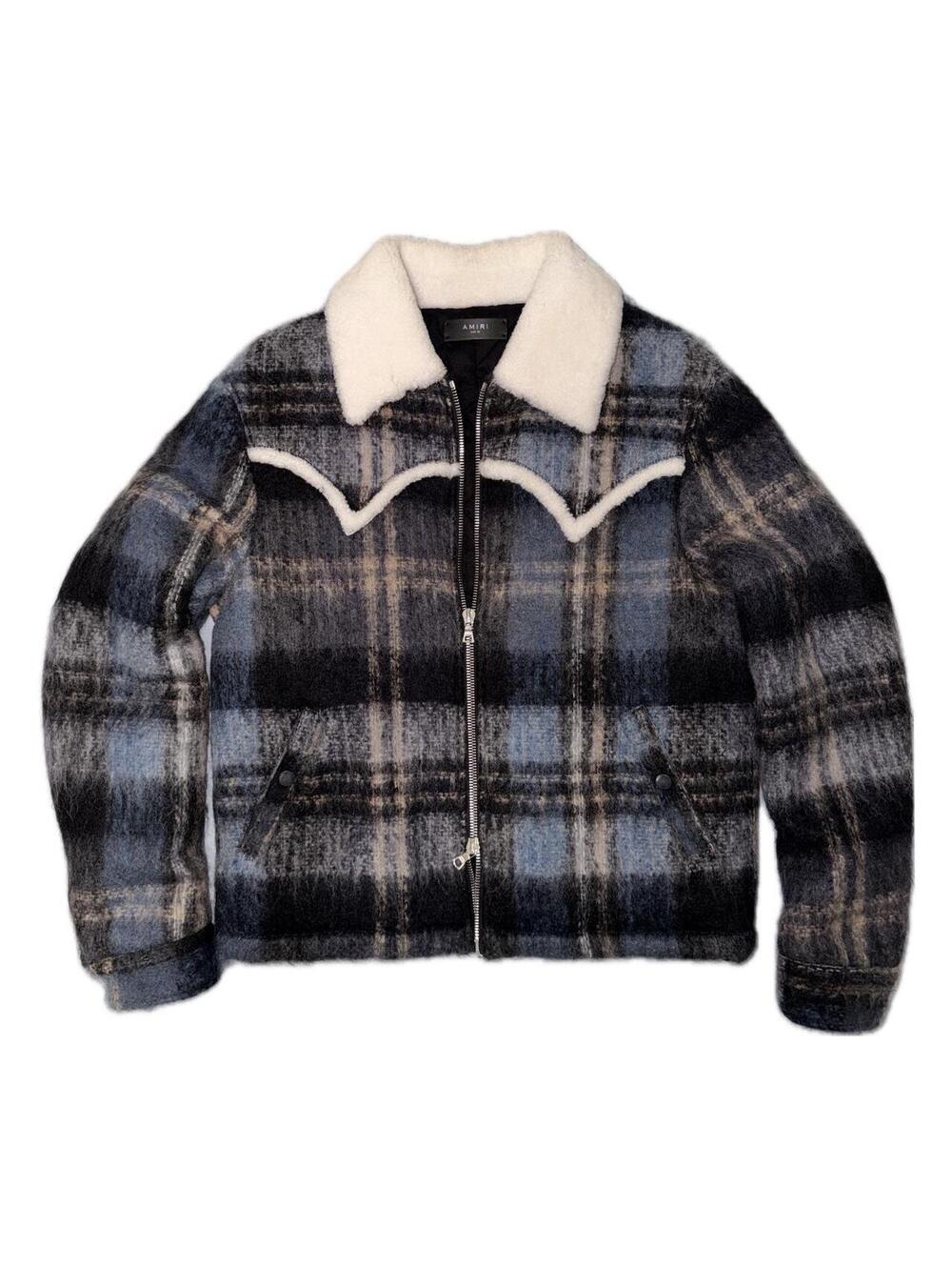 Blue and white plaid Amiri shearling jacket